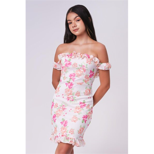 Biconic White Floral Off Shoulder Ruffled Dress