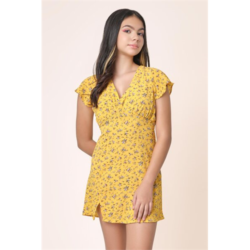 Biconic Yellow V Neck Floral Dress With Starppy Back Detail