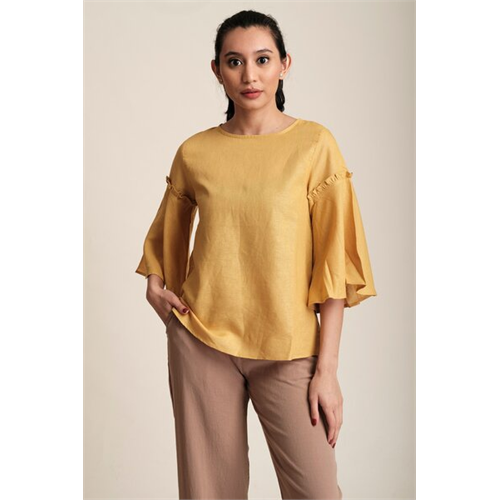 Cotton Collection Solid Color Linen Bell Sleeve Top By Coco