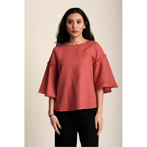 Cotton Collection Solid Color Linen Bell Sleeve Top By Coco