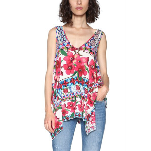 Desigual Floral Printed V Neck Strap T-Shirt