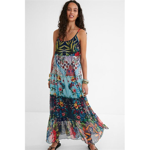 Desigual Long Flared Dress Floral Patch