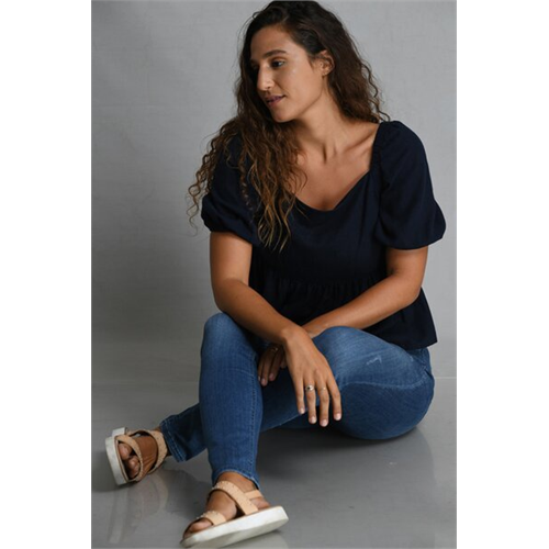 Ekko Navy Puff Sleeve Linen Sophie Top