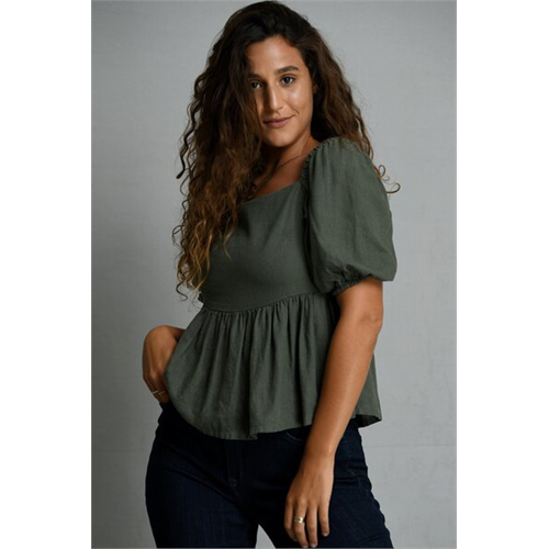 Ekko Olive Puff Sleeve Linen Sophie Top