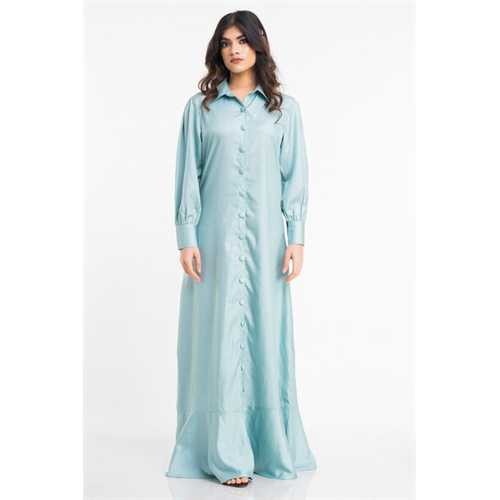 Hayathi Solid Color Puffed Sleeves Front Button Maxi Dress