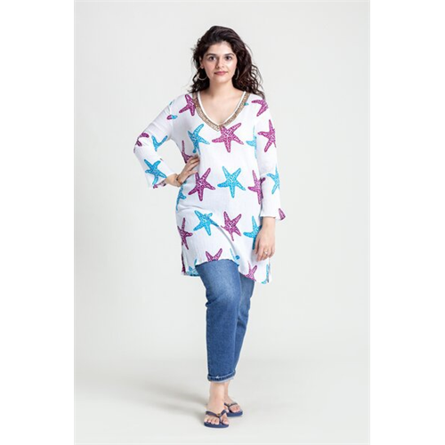 Luv SL Sea Creatures Printed V Neck Long Sleeves Women's Top