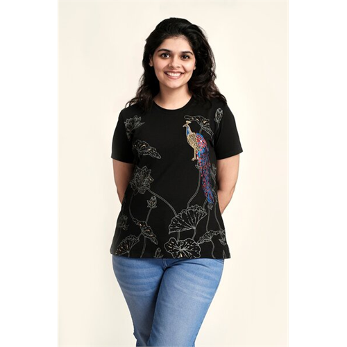 Luv SL Solid Color Peacock with Flower Printed Women's T-Shirt