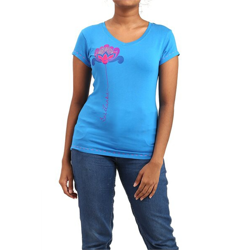 Luv SL Solid Color Side Lotus Printed V Neck Women's T-Shirt