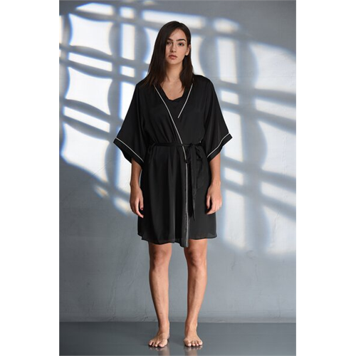 Mackly Black Satin Kimono Robe By Seda