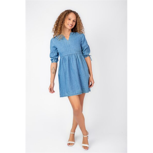 O.D.Co Blue V Neck 3/4 Puff Sleeve Knee Length Shift Dress