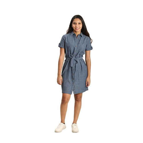 O.D.Co Chambray Denim Short Sleeve Front Tie Up Shirt Dress