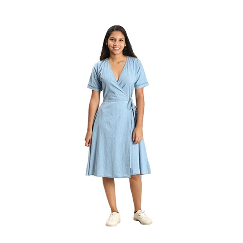 O.D.Co Light Blue Denim Short Sleeves Wrap Midi Dress