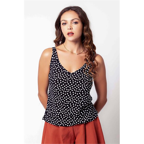 Closet Black Base White Dotted V Neck Sleeveless Top