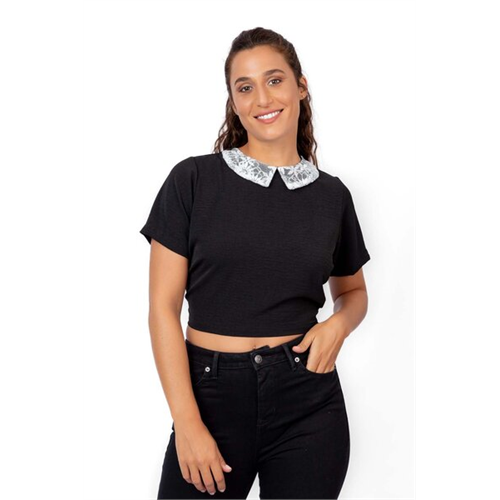 Closet Black Lace Collared Short Sleeve Back Open Tie Up Top