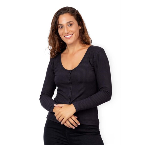 Closet Black Long Sleeve Round Neck Button Rib Tshirt