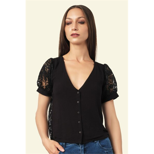 Closet Black Puffed Sleeve Laced Back Top