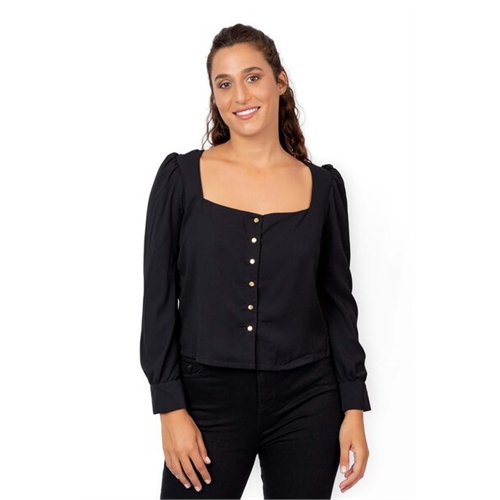 Closet Black Square Neck Puff Long Sleeve Buttoned Top