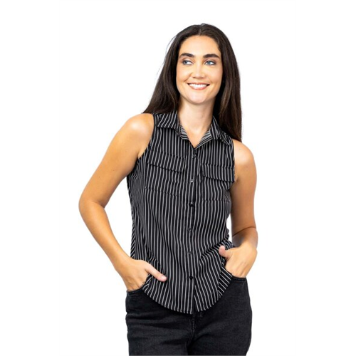 Closet Black & White Striped Sleeveless Front Pocket Shirt