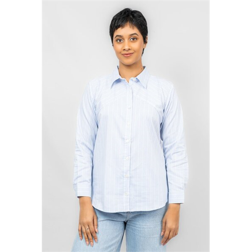 Closet Blue & White Striped Long Sleeve Diagonal Panelled Shirt