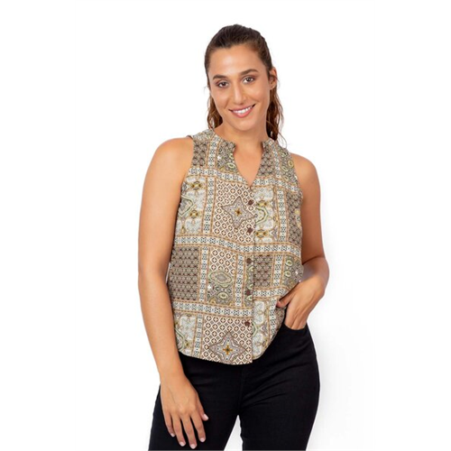 Closet Brown Printed Sleeveless V Neck Buttoned Top