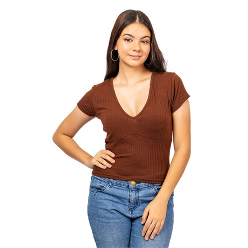 Closet Brown V Neck Short Sleeve Fitted Tshirt