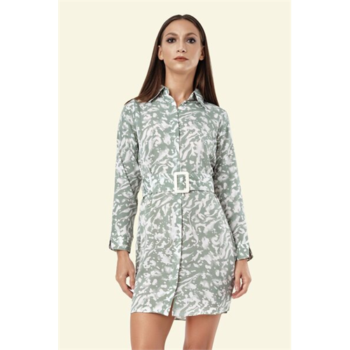 Closet Green Printed Mini Shirt Dress With Belt