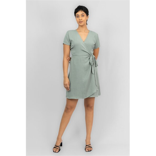 Closet Green Short Sleeve Side Tie Up Knee Length Wrap Dress