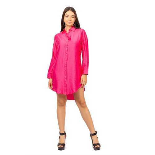 Closet Hot Pink Long Sleeve Mini Curved Hem Shirt Dress