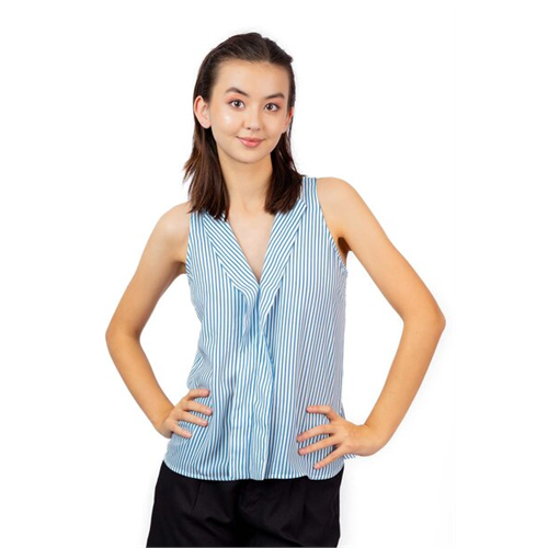 Closet Light Blue & White Striped Sleeveless V Neck Lapel Collar Top