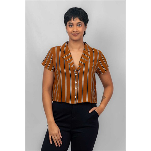 Closet Mustard Striped Lapel Collar Boxy Crop Shirt