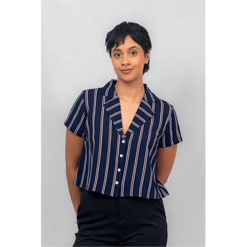 Closet Navy Striped Lapel Collar Boxy Crop Shirt