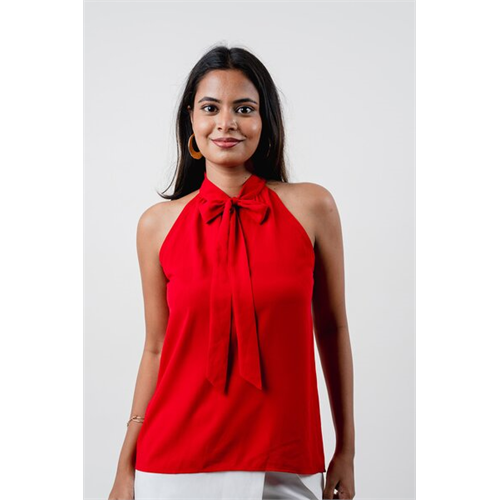Closet Red Sleeveless High Neck Top With Pussy Bow Tie Up