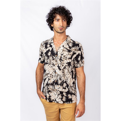 Cotton Collection Black Printed Viscose Regular Collar S/S Shirt By Coco