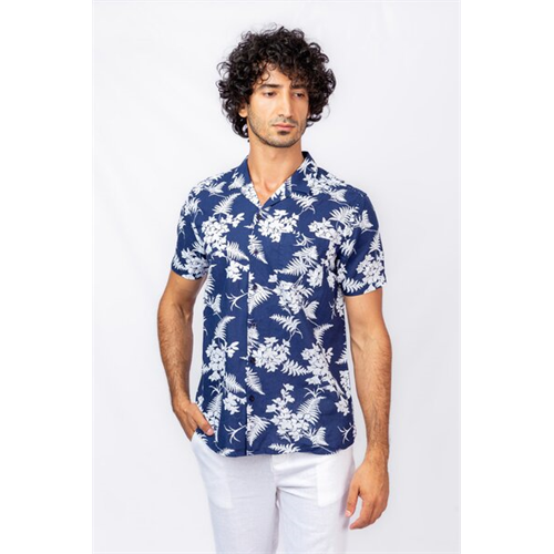 Cotton Collection Blue Printed Beach Linen Blend Regular Collar S/S Shirt By Coco