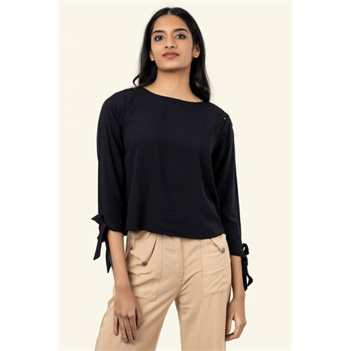 Cotton Collection Cotton Black Tie-sleeve Top By Coco