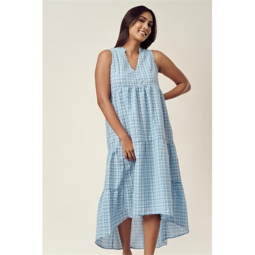 Cotton Collection Cotton Blue Check Banded Collar Dress By Coco