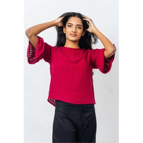 Cotton Collection Cotton Maroon Frill-sleeve Top By Coco