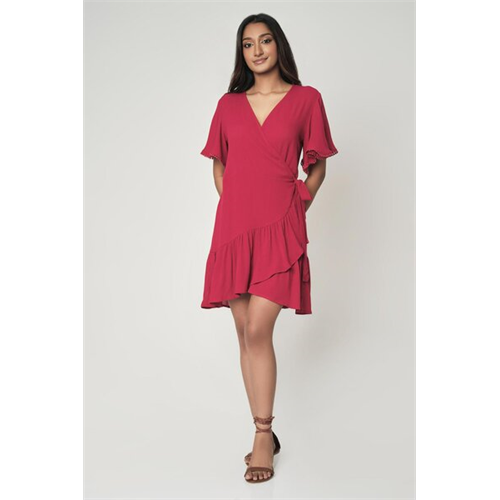 Cotton Collection Cotton Maroon Front-Wrap Dress By Coco