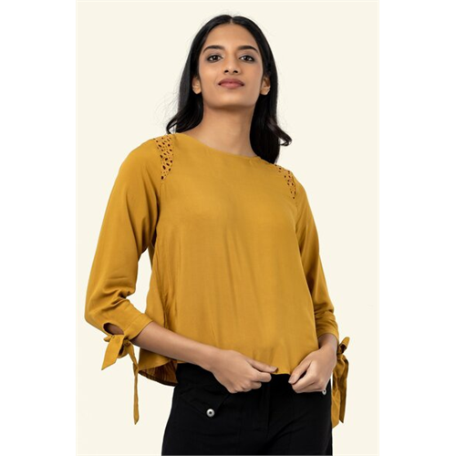 Cotton Collection Cotton Mustard Tie-sleeve Top By Coco