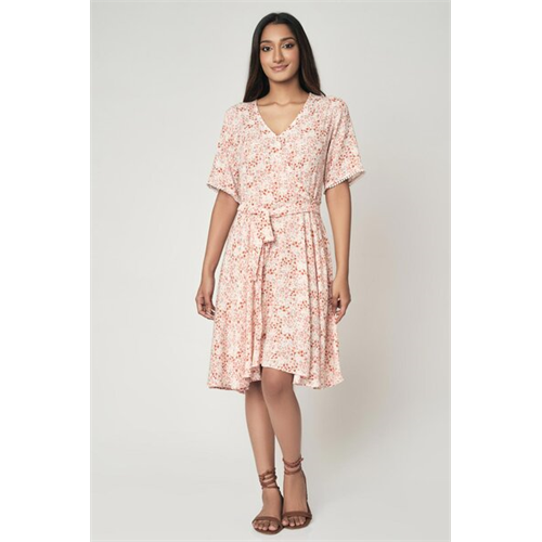 Cotton Collection Cotton White Printed Front Tie-Up Dress By Coco