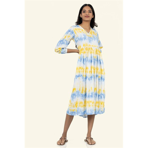 Cotton Collection Cotton Yellow Tie-dye Print Dress By Coco