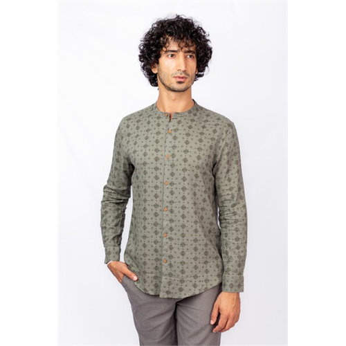 Cotton Collection Grey Printed Floral L/S Mandarin Collar Shirt By Coco