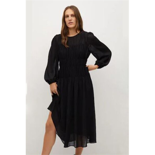 Mango Black Gathered Midi Dress