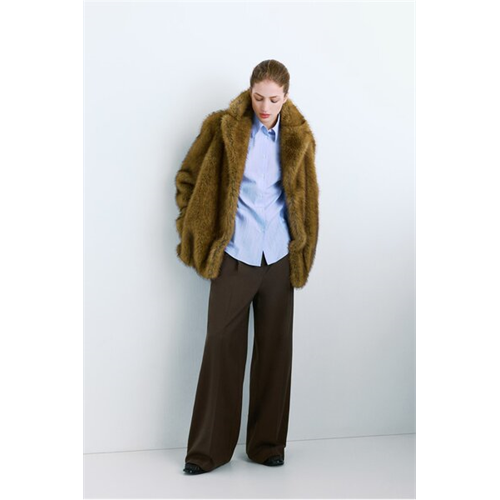 Mango Brown Wide Leg Mid-Rise Pleated Trousers
