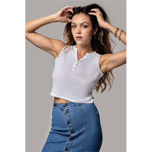 Odel Basics White Sleeveless Henley Ribbed Top