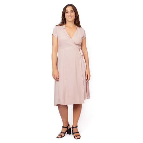 Odel Beige Collared Short Sleeve Wrap Dress