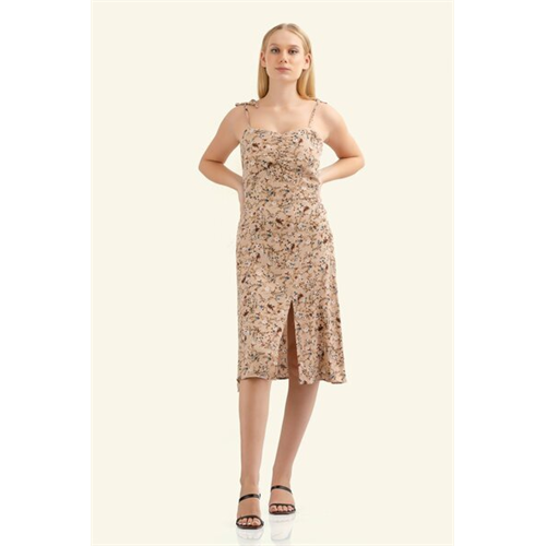 Odel Beige Floral Printed Slit Dress