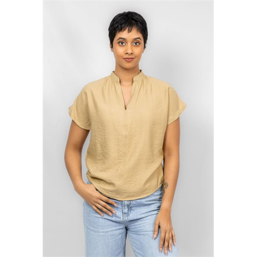 Odel Beige V Neck Cap Sleeve Loose Top