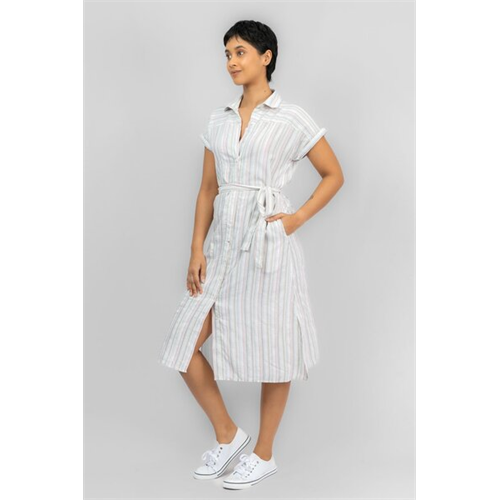 Odel Beige & White Striped Cap Sleeve Buttoned Down Midi Dress