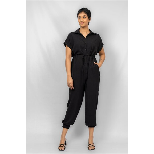 Odel Black Cap Sleeve Buttoned Waist Tie Up Jumpsuit